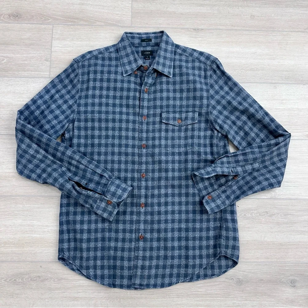 J.Crew slim collared button down shirt navy blue grey check flannel medium